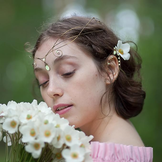 Renaissance Fairy Tale Costume Set - Elf Ear Cuff Earrings Decorative Medieval Fairy Winding Tiara Crown for Cosplay