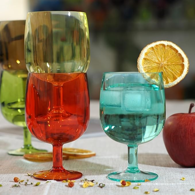 8-Piece Colorful Plastic Stackable Drinking Cup Set - 8.5 oz Wine Goblets, Reusable, BPA-Free, Dishwasher Safe