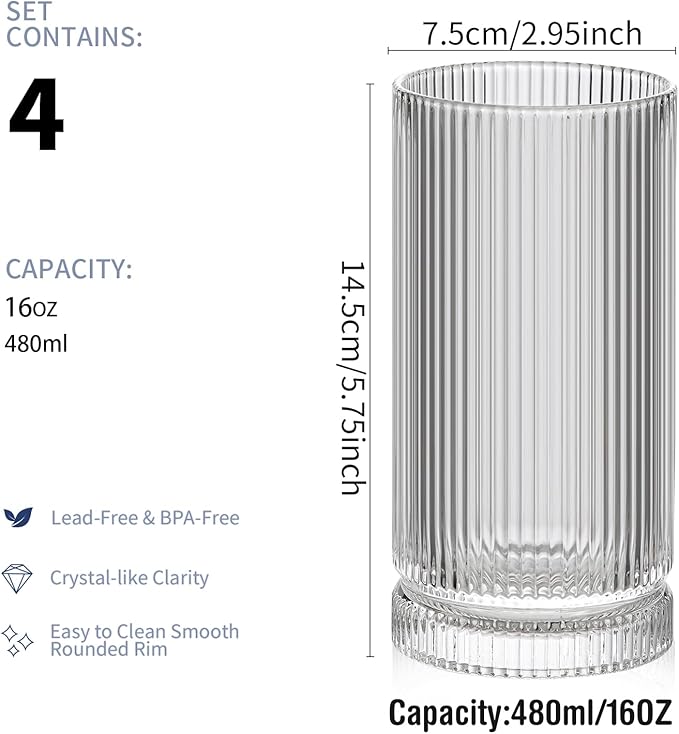 16oz Ribbed Glassware, Vintage Drinking Glasses Set of 4, Cocktail Glass Cups, Elegant Tom Collins Glasses, Highball Ribbed Glasses Ideal for Water, Iced Coffee, Juice, Beer, Milk