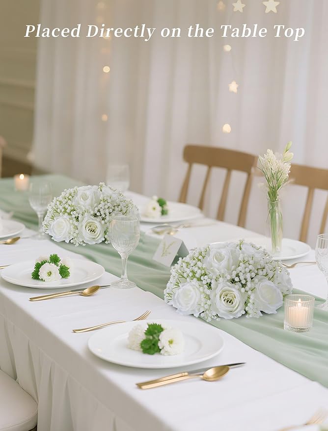 BLOSMON Babys Breath Artificial Flowers: 2 Pcs White Rose Babys Breath Fake Flower Balls Centerpieces for Wedding Table - Faux Silk Kissing Floral Arrangements for Home Party Event Decoration