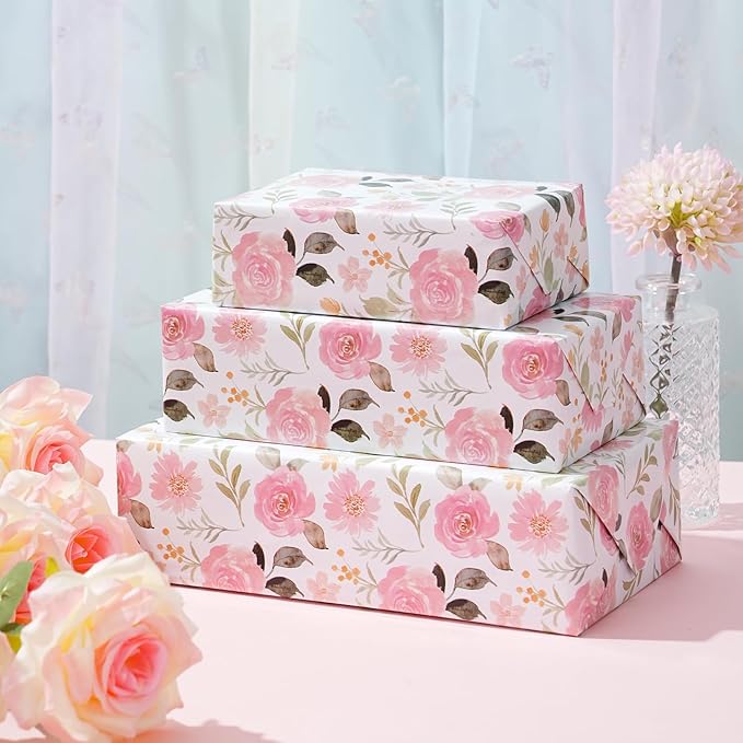 ZINTBIAL Pink Floral Wrapping Paper Roll - Watercolor Roses and Light green leaves Design, 17 Inches x 16.5 Feet, Gift Wrap for Wedding, Bridal Shower, Birthday, Mother's Day, Cut Lines on Back