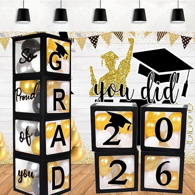 2026 Graduation Party Decoration Black Balloon Boxes with Letters 2026 Grad & So Proud of You and 20 pcs Ballons