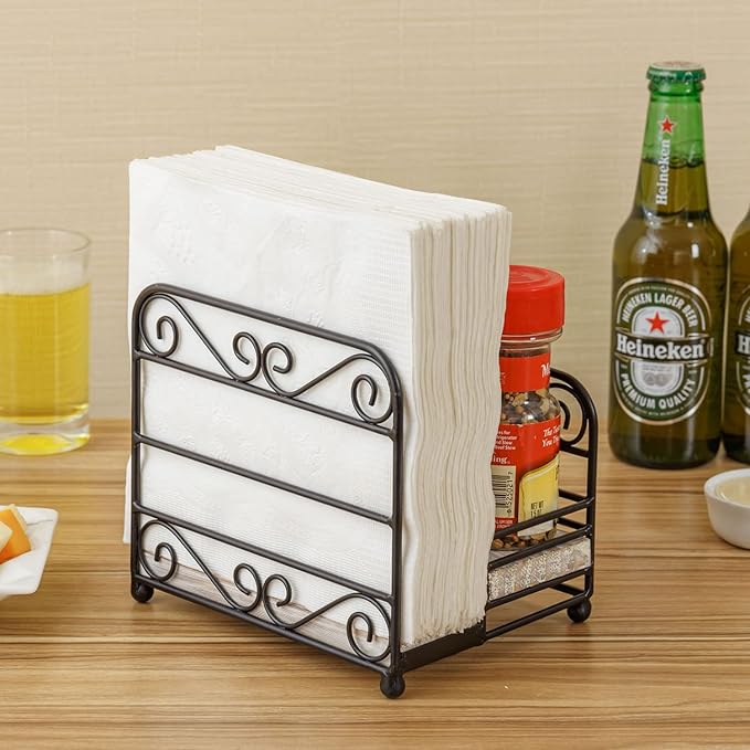 MyGift 2-in-1 Disposable Napkin and Salt & Pepper Caddy, Black Metal Vintage Scrollwork Dinner Table Paper Towel Condiment Holder with Shabby White Washed Solid Wood Base