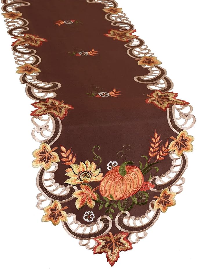 Simhomsen Brown Embroidered Thanksgiving Harvest Pumpkins Table Runners for Autumn Or Fall Decorations (14 × 34 Inches)