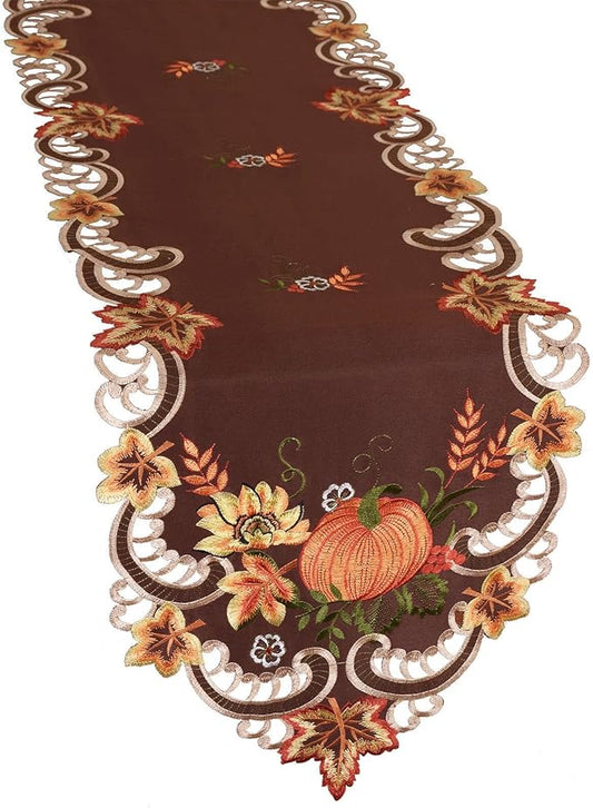 Simhomsen Brown Embroidered Thanksgiving Harvest Pumpkins Table Runners for Autumn Or Fall Decorations (14 × 54 Inches)