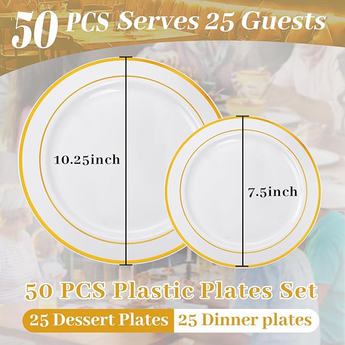 MENDENG 50PCS Gold Rim Plastic Plates for Party, 25x10.25 Dinner Plates & 25x7.5 Dessert Plates, Heavy Duty Disposable Plastic Plates for Wedding Party Thanksgiving Birthday