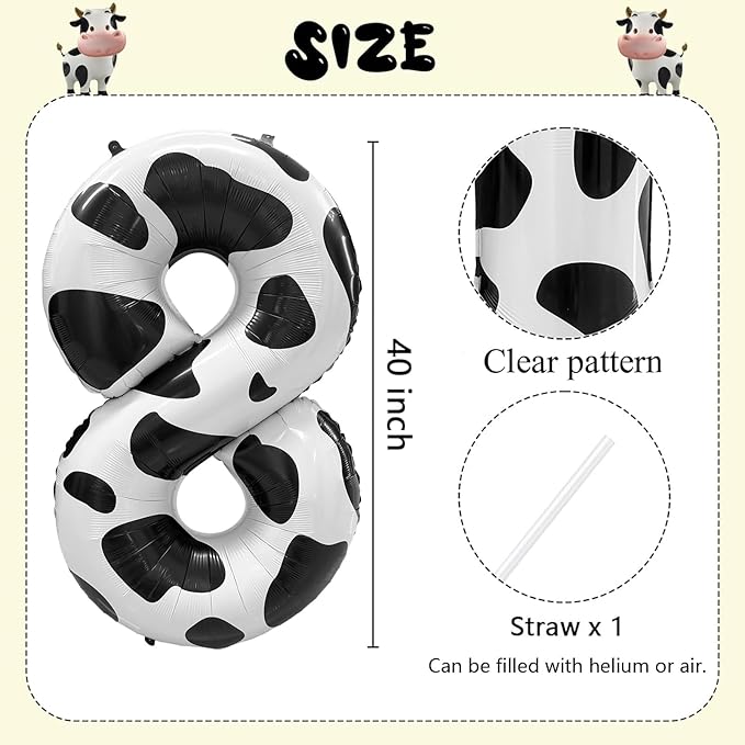 Cow Print Number Balloons, Large Foil Number 8 Balloon 40 Inch Cow Balloon for Boys Girls Birthday Decoration Cow Themed Birthday Party Decorations Farm Animal Party Supplies