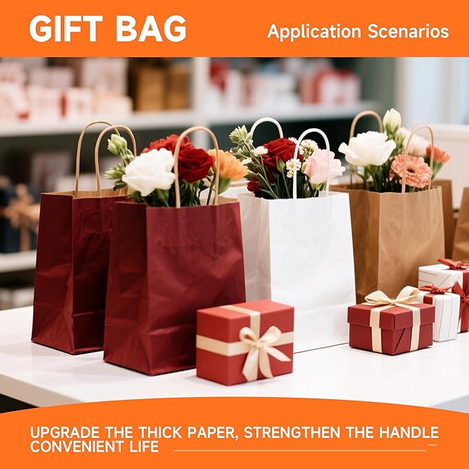 METAPRINT Kraft Paper Gift Bags with Handles in Bulk, 50pcs White Paper Bags 8x4.5x10.8 inch, Recyclable Shopping Bags for Retail, Grocery, Party Favors, Wedding