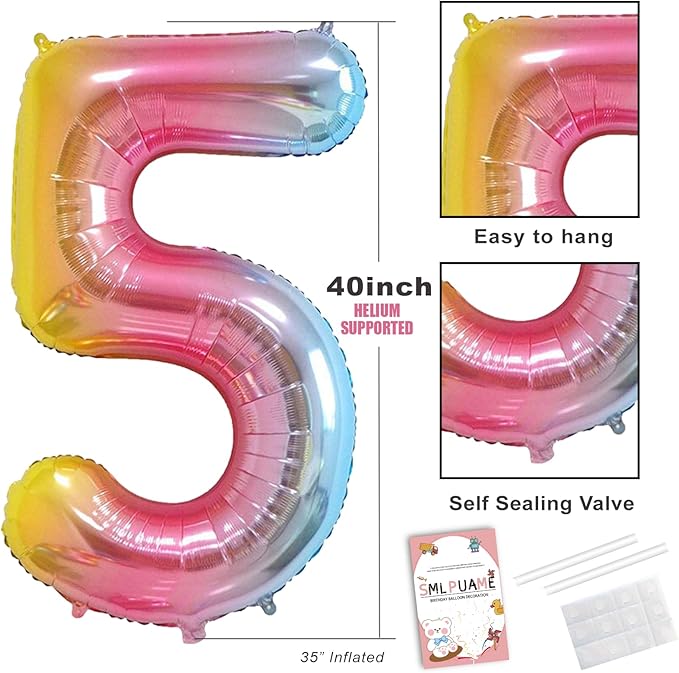 Smlpuame 40 Inch Number Balloons 0-9 Rainbow Gradient Large 5 Balloons, Digital Balloons for Party Celebration Decorations, Helium Foil Number Balloons for Wedding Anniversary