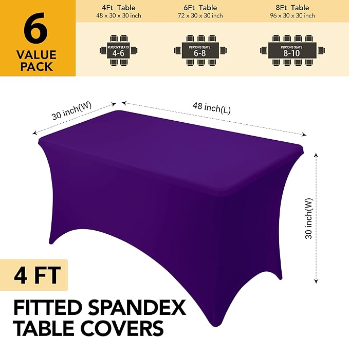6-Pack Premium Purple Spandex Tablecloths for 4ft Rectangle Tables, Stain & Wrinkle-Resistant, Washable Stretch Polyester Fitted Table Cover for Weddings, Banquets, Trade Shows Events