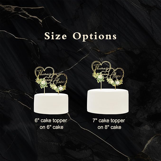 Personalized Hearts Wedding Cake Topper in Acrylic and Wood Custom Bride Groom Names and Wedding Date White Floral Design Cake Decoration