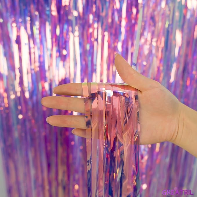 GREATRIL Iridescent Purple Tinsel Foil Fringe Curtain, 3.2 x 6.5 ft, Fairy Party Streamers, 2 Packs