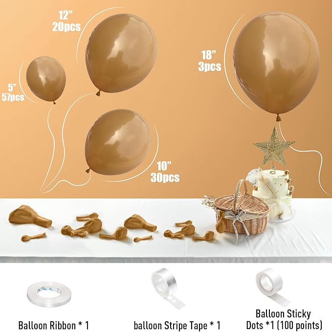 Brown Balloons 113PCS, Different Sizes Light Brown Balloon Garland Arch Kit 18/12/10/5 Inch, Tan Caramel Mocha Helium Latex Balloons Coffee Brown Party Balloons for Teddy Bear Birthday Boho Decoration