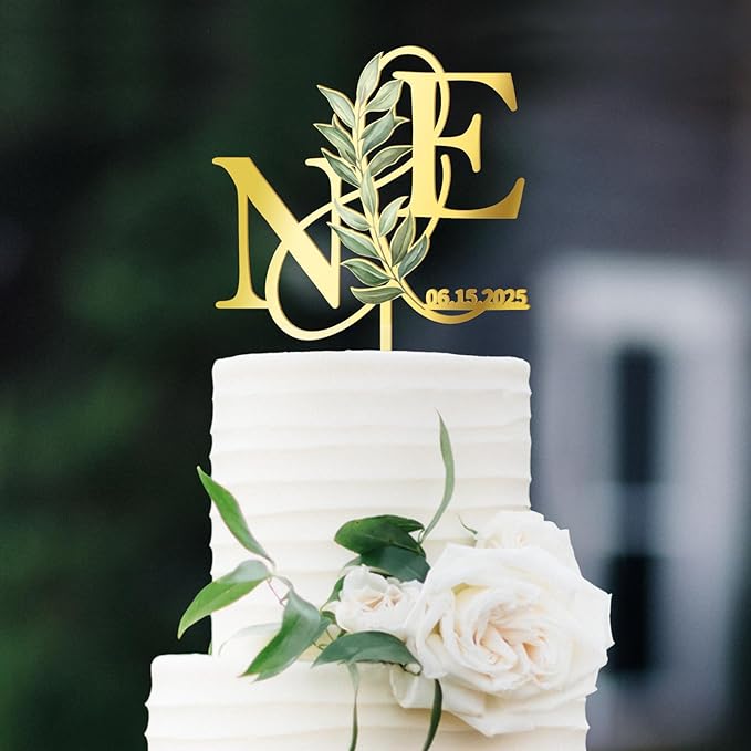 Customized Wedding Cake Topper Personalized Bride & Groom's Initials and Wedding Date Cake Decoration with Green Leaves