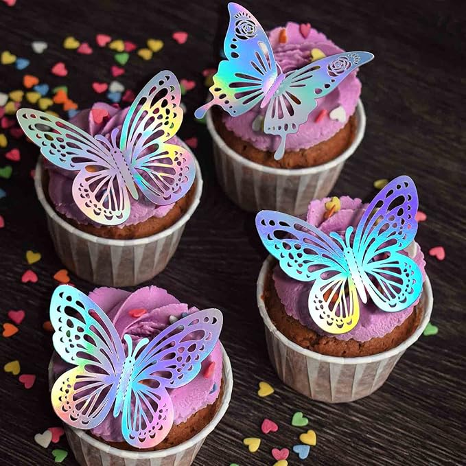 Laser Butterfly Wall Decor, 48Pcs 2 Styles 3 Sizes Butterflies for Birthday Cake Cupcake Toppers, 3D Paper Iridescent Sticker Graduation Grad Cap Decorations Baby Shower Girl Room Nursery Decals