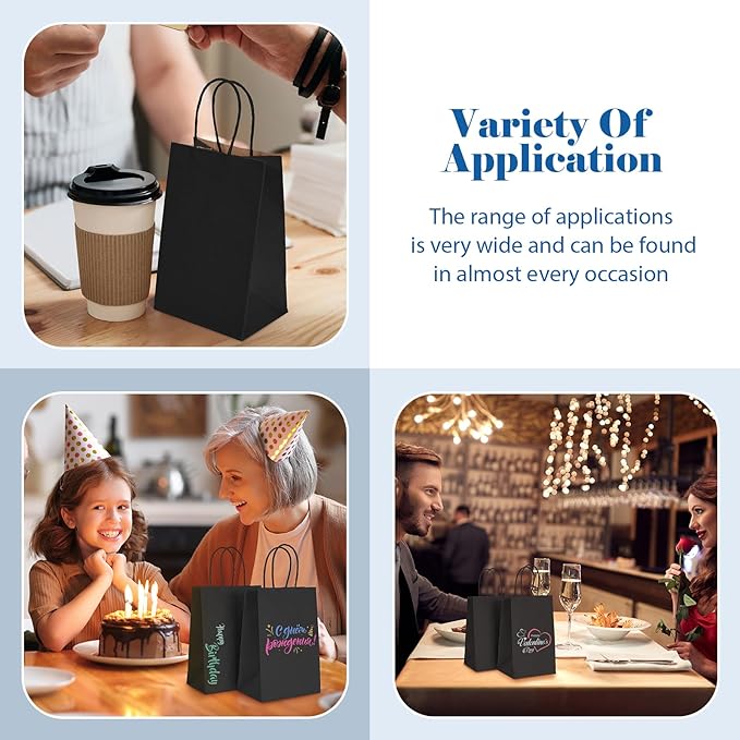 GSSUSA 5.25x3.75x8 50Pcs Black Gift Bags with Handles,Small Gift Bags Craft Bags for Small Business, Black Goodie Bag,Sturdy Kraft Paper Bag, Retail Shopping