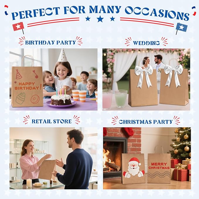 MESHA Large Paper Bags 10x5x13 Inch Kraft Shopping Paper Bags with Handles Bulk 50 Pack Large Gift Bag Retail Recycled Birthday Wedding Party Favors Brown
