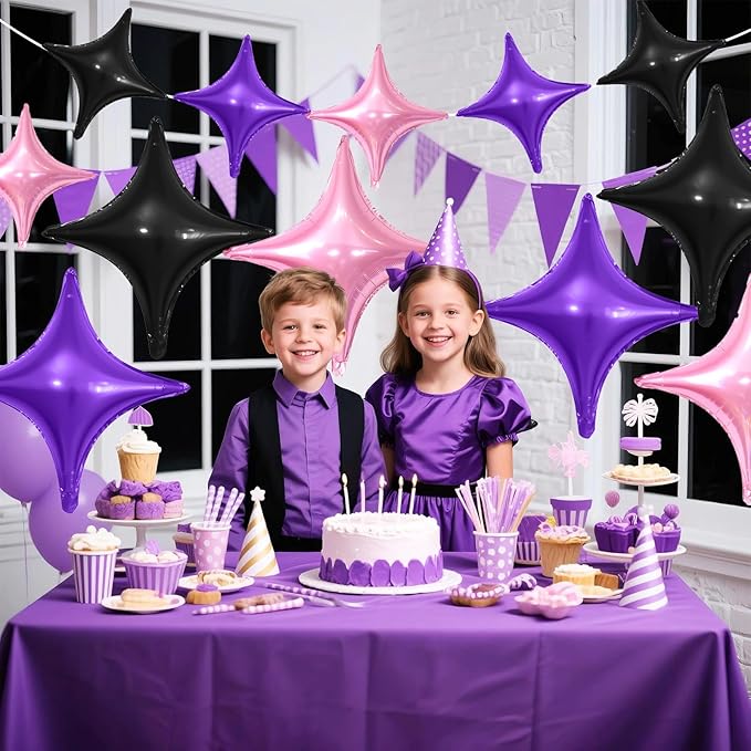 Black Purple Pink Star Balloons,12Pcs Four Angle Star Foil Balloons,26Inch and 10Inch Black Purple Quadrangle Helium Balloon for Girl Theme Birthday Baby Shower Party Decorations