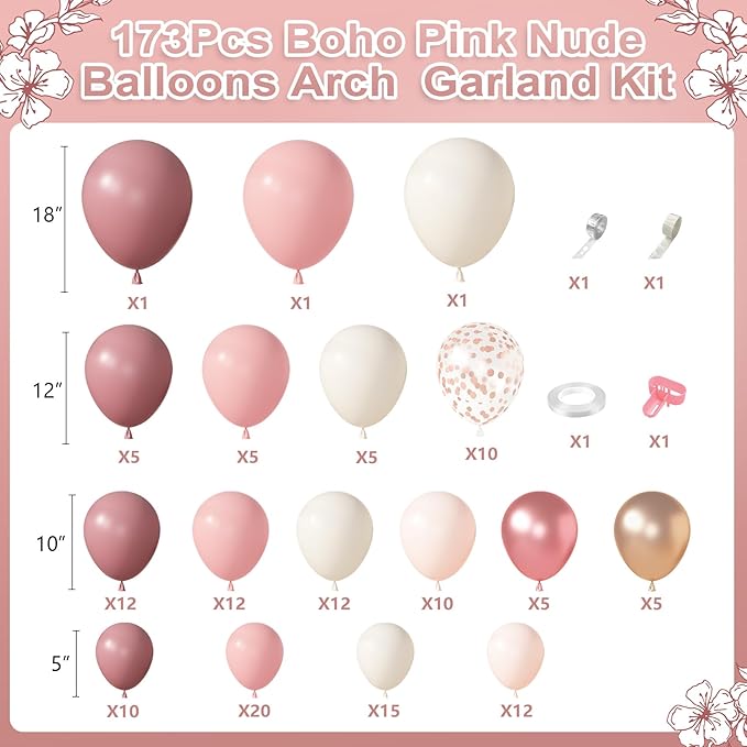 Amandir 173Pcs Dusty Rose Pink Nude Balloon Garland Arch Kit, 18In Retro Blush Peach Mauve White Sand Gold Confetti Balloons for Girl Baby Shower Wedding Boho Birthday Party Decorations