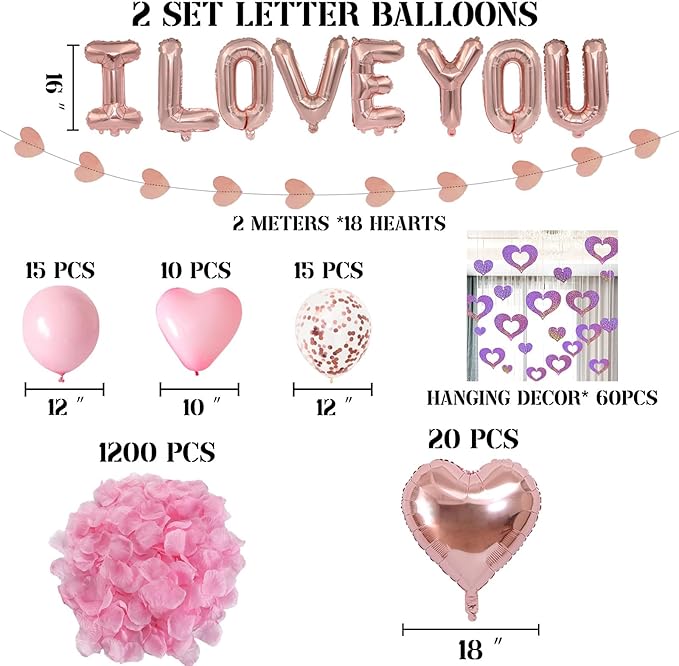 Valentine's Day Decorations 2 Set Rose Gold I LOVE YOU Balloons - 1200pcs Pink Artificial Rose Petals 16" Letter Balloons 18" Heart Foil Latex balloons 10 heart balloons Hanging Swirls Heart Banner