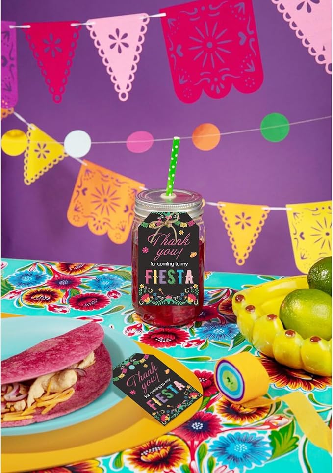Aukolass 50PCS Fiesta Gift Tags, Thank You Tags for Mexican Themed Party Favors and Taco Bout Party Decorations-Double-sided (Black)