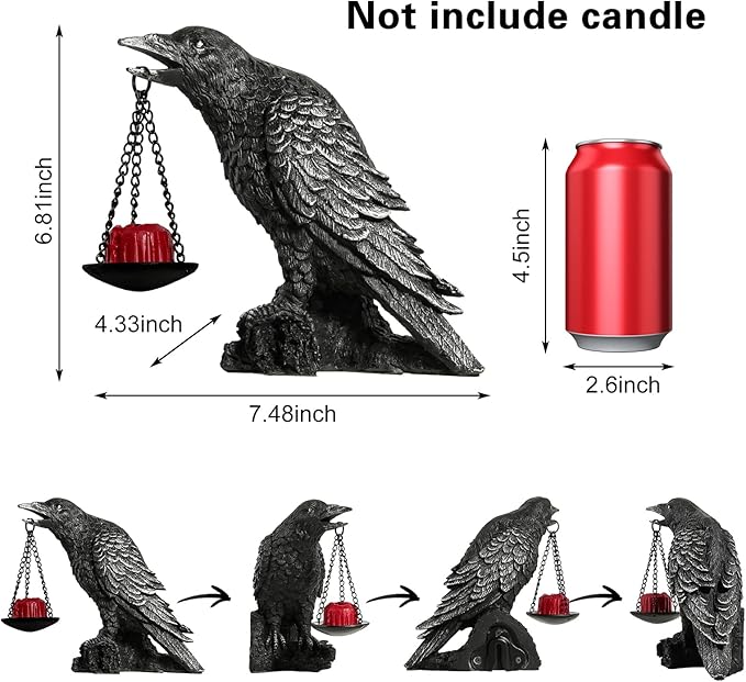 Halloween Decorations Outdoor Indoor Gothic Crow Wall Decor Table Candle Holder Raven Tealight Statue for Yard Patio Garden Bedroom Wearing Silver