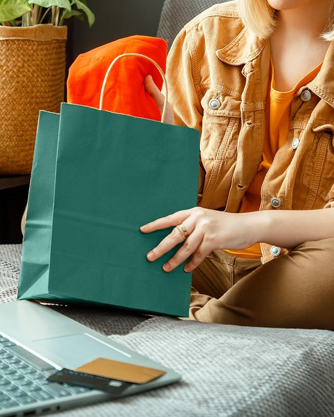 qiqee Peacock Green Gift Bag with Handles Bulk 24Pcs Paper Bags -10.6"x8.3"x4.3"Party Favor Bags - Solid Color