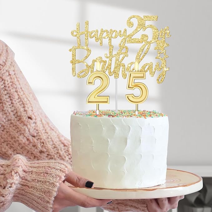 25th Birthday Decorations for Women Gold with 25th Birthday Sash and Crown, Cake Topper and Candles, Number Balloons, 25 Year Old Gifts for Women