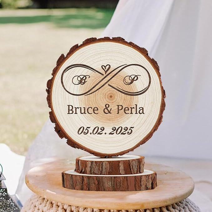 Rustic Wedding Cake Topper - Handmade Wood Slices, Personalized Infinity Love Cake Top, Personalized Engraved Initilas Names and Date, Anniversary Keepsake, Happy Birthday Wooden Decorations