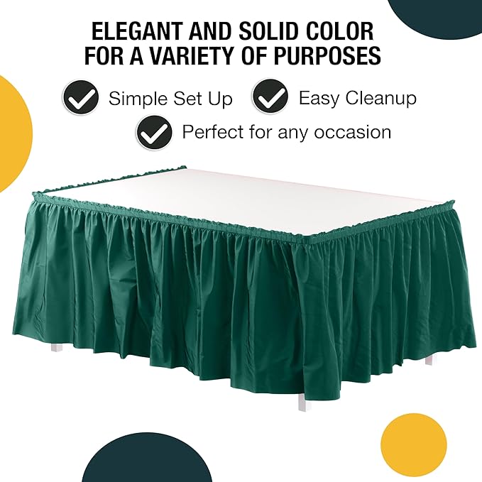Exquisite Ruffle Table Skirt Dark Green 12 Pack 14 Ft Long Table Skirts for Rectangle Tables 6ft Plus or Round Tables Skirts with Adhesive Strip for Gender Reveal Decor & Happy Birthday Parties