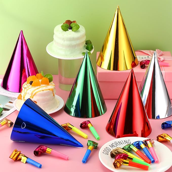 300 Pcs Birthday Party Cone Hats and Colorful Noisemakers Blowers Set Metallic Foil Paper Cone Hats Noisemakers Blow Whistle for Kids Children Adults Birthday Party Supplies