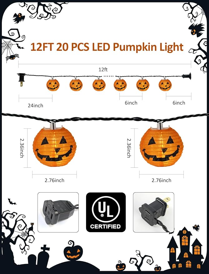 Cozy Autumn Pumpkin Lanterns, 12ft 20 LED Fall Decor String Lights, UL Certified for Indoor & Outdoor, Perfect for Thanksgiving, Harvest Festivals & Warm Porch Lighting
