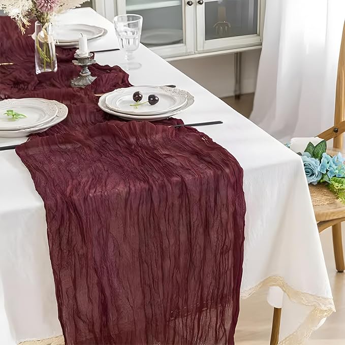 2 Pack 10 Ft Cheesecloth Table Runner Burgundy Gauze Long Table Runners Boho Gauze Cheese Cloth Table Runner Rustic Sheer Runner for Wedding Party Table Decor ( 35 x 120 Inch )