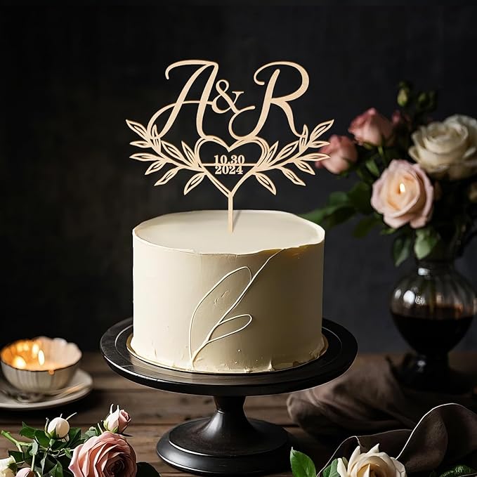 Custom Initials and Date Wedding Cake Topper Pesonalized Wedding Cake Decoration Heart and Leaves Design in Wood