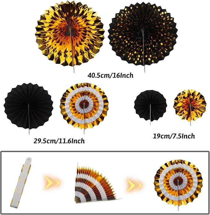 ZERODECO Gold and Black Party Decorations, Hanging Paper Fan Pom Poms Pennant Garland String Banner Fringe Curtains Birthday Parties Graduation Wedding Happy New Year Eve Party Decorations