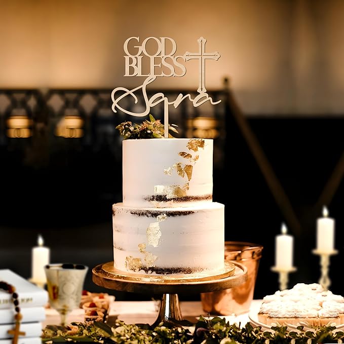 Personalized Baptism Cake Topper in Wood Custom God Bless Cake Topper Christening Communion Cake Decoration (Design 03)