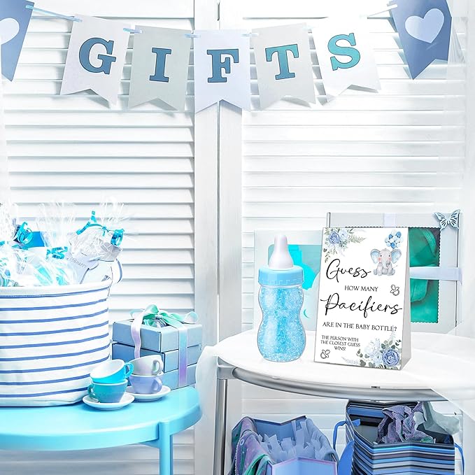 Roowest 512 Pcs Baby Shower Games Guess How Many Pacifiers Sign 100 Small Guessing Games 10 HB Pencils 750ml Milk Bottle 400 Acrylic Pacifiers Decoration for Guest Gender Reveal(Blue,Elephant)