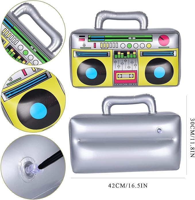 80s 90s Hip Hop Costume Accessories Set - 7 Pcs Rapper Party Outfit Kit with Inflatable Radio & Cell Phone, Dollar Necklace & Ring, 90s Style Bucket Hat, Retro Sunglasses & Air Pump