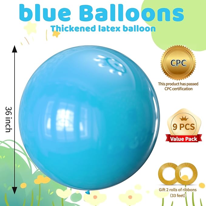 KAWKALSH Light Blue Balloons 9pcs 36 Inch Extra Large Big Jumbo Giant Baby Sky Aqua Blue Balloons for Graduation Baby Shower Gender Reveal Weddings Birthday Party Decorations