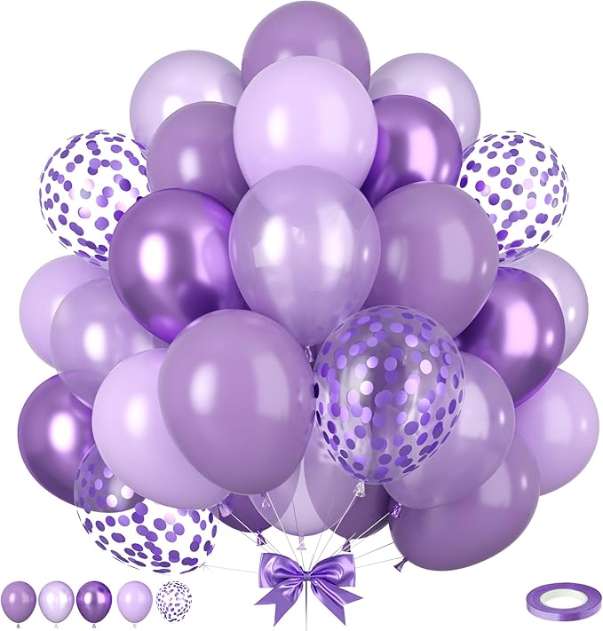 Purple Balloons, 50pcs Metallic Purple Balloons, Pearl Light Purple Retro Balloon, Purple Confetti Balloon for Girl Woman Birthday Party Baby Shower Gender Reveal Wedding Bridal Shower Decoration