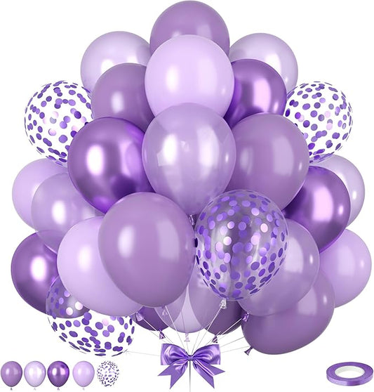 Purple Balloons, 50pcs Metallic Purple Balloons, Pearl Light Purple Retro Balloon, Purple Confetti Balloon for Girl Woman Birthday Party Baby Shower Gender Reveal Wedding Bridal Shower Decoration