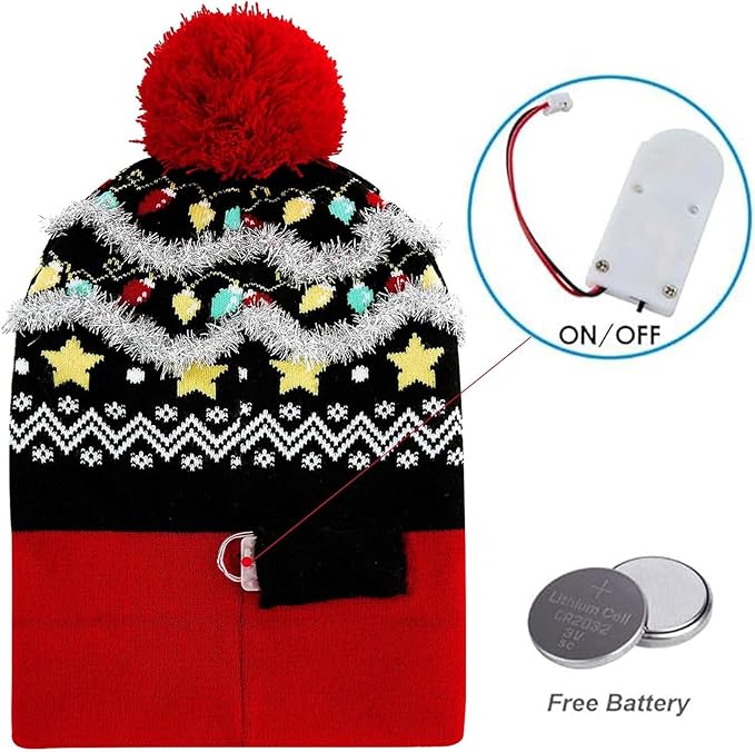 RAISEVERN Unisex Ugly LED Christmas Hat Novelty Colorful Light-up Stylish Knitted Sweater Xmas Party Beanie Cap(6 Lights)