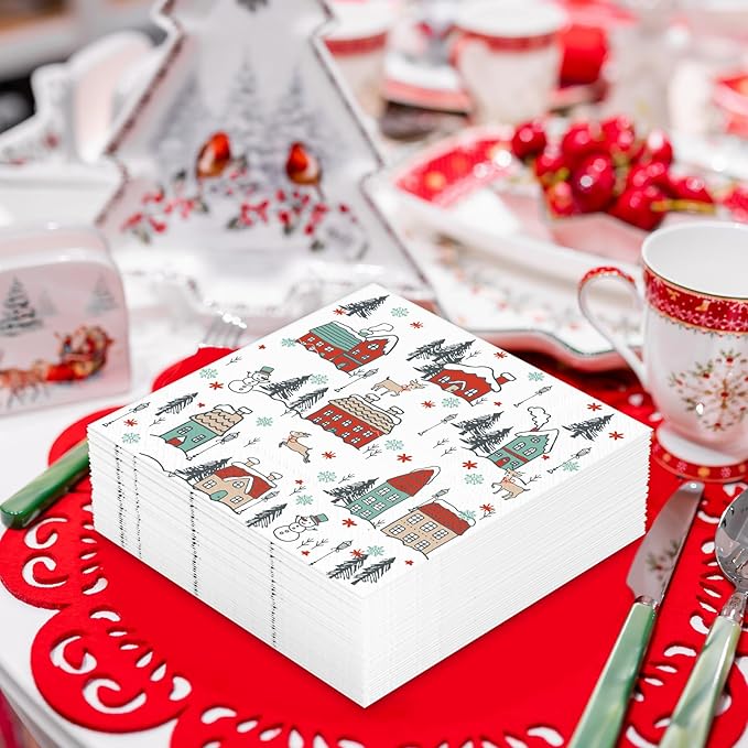 Christmas Paper Napkins Snow, House, Street 80 Pieces Party Disposable Dinner Paper Napkins for Christmas, Happy New Year