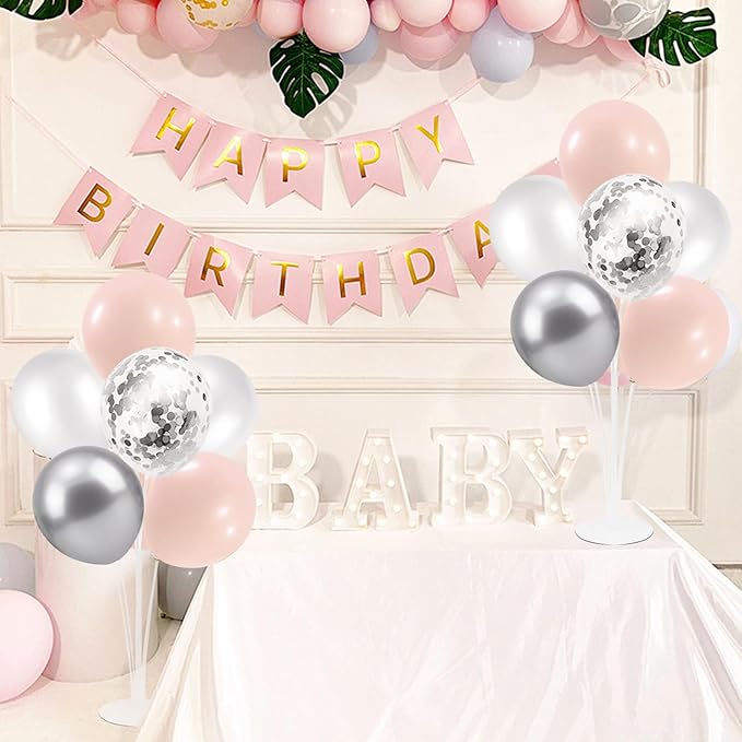 Pink and Silver Balloon Stand Centerpiece Table Decorations for Baby Shower Wedding Engagement Bridal Shower Anniversary Mother's Day Birthday Party Decorations(Pink silver set4)