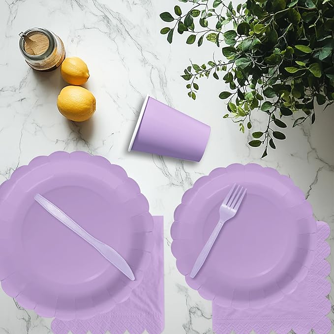 Purple Party Decorations Supplies Tableware, Light Purple Plates And Napkins, Tablecloth Printed Table Runner, Cutlery, for Birthday Baby Bridal Shower Wedding Anniversary, Serves 24