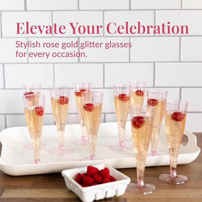 Prestee 24 Piece Plastic Champagne Flutes - 4.5 oz Plastic Wine Glasses with Rose Gold Glitter - Cocktail Glasses for Parties - Party Supplies for Mimosa Bar, Wedding, Shower Party and New Years Eve