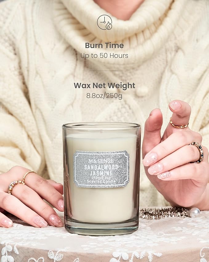 M&SENSE Sandalwood Jasmine Scented Candles, Classic Size 8.8 oz Glitter Jar Candle, Holiday Natural Candles Gifts for Women, 50 Hours Long Burning Candle for Winter Home Decor