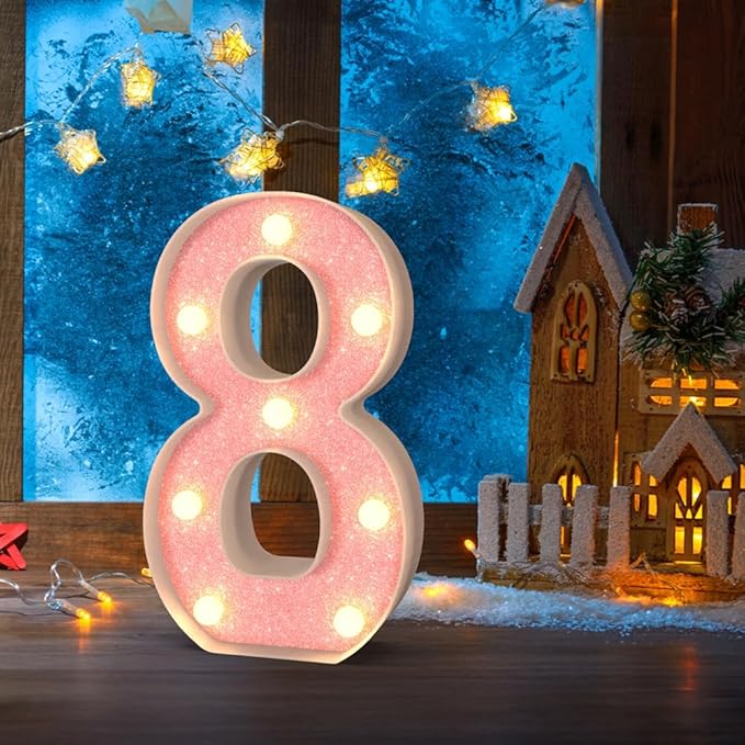 Marquee Light up Numbers 0-9, Battery Powered LED Light, Pink Glitter Plastic Sign, Night Light Decor for Graduation, Engagement, Wedding, Baby Shower, Birthday (Number 8)