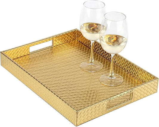 HofferRuffer Rectangle Serving Tray with Hole Handles for Coffee Table, Breakfast, Tea, Food, Butler - Countertop, Kitchen, Vanity Serve Tray, 16.2 x 12.2 x 2 inches, Faux Leather (Gold)