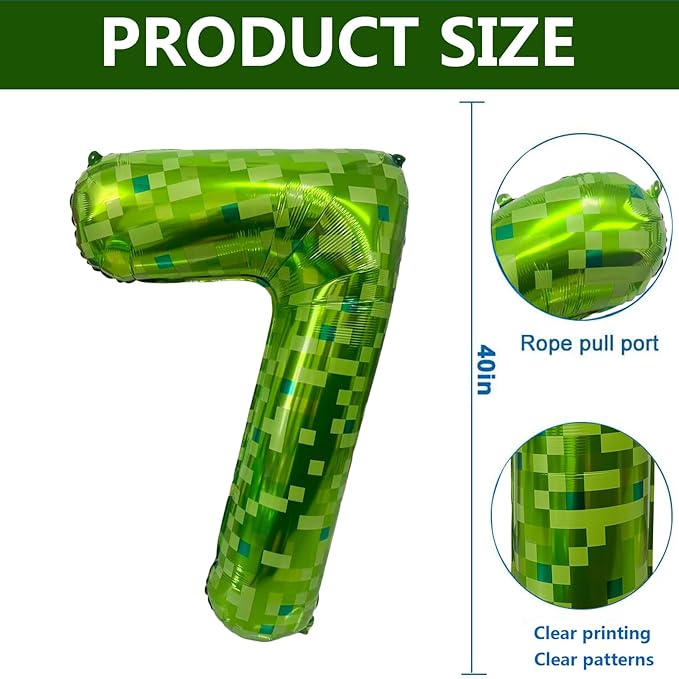 Green Number Balloons, Gaint Green Pixel Number 7 Balloon 40 Inch Dark green 7 Balloon for Boys Girls Kids 7th Birthday Party Decoration